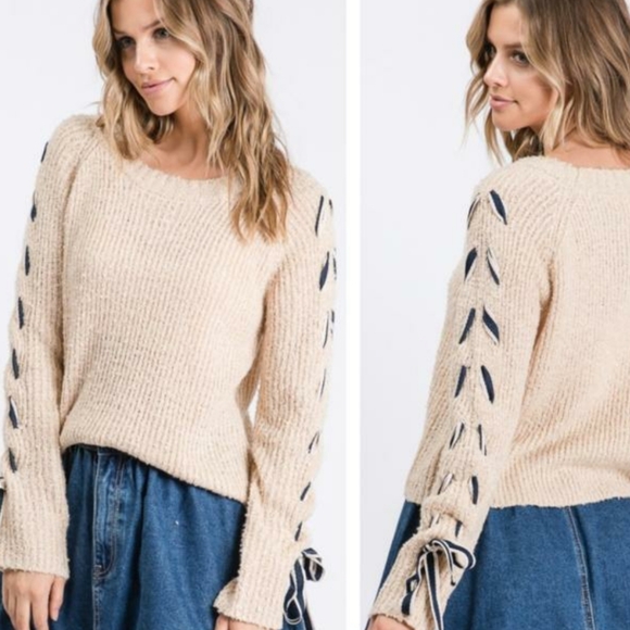 Litz lace sleeved sweater oatmeal, blue  S/M - Picture 1 of 5